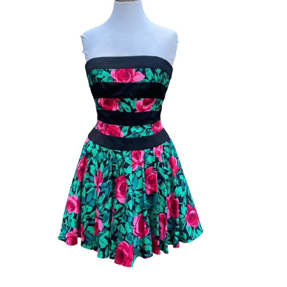 Vtg A.J. Bari Black Floral Print Cotton Strapless Fit Flare Dress 80s - Size 8